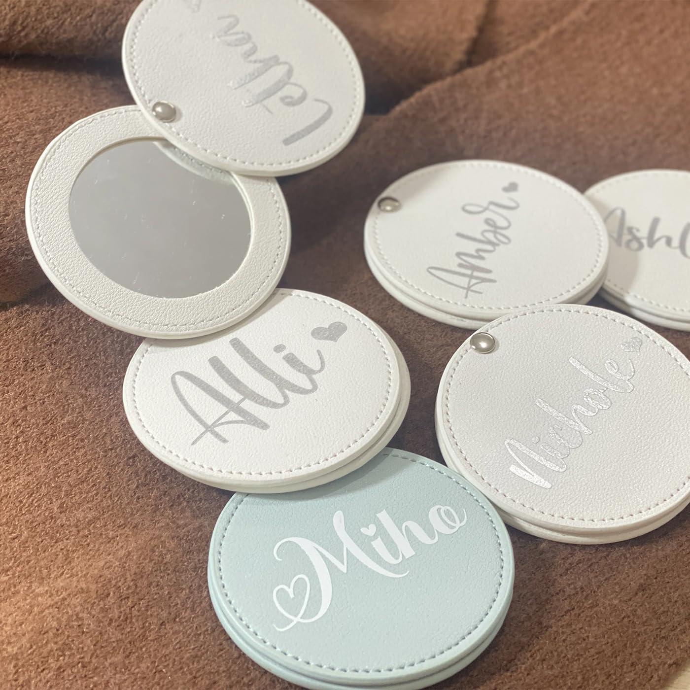 KRUIJHEU Personalized Leather Pocket Mirror Mini Travel Handheld Portable Makeup Mirrors Wedding Bridesmaid Gift for Her Name Engraved (20Pcs)