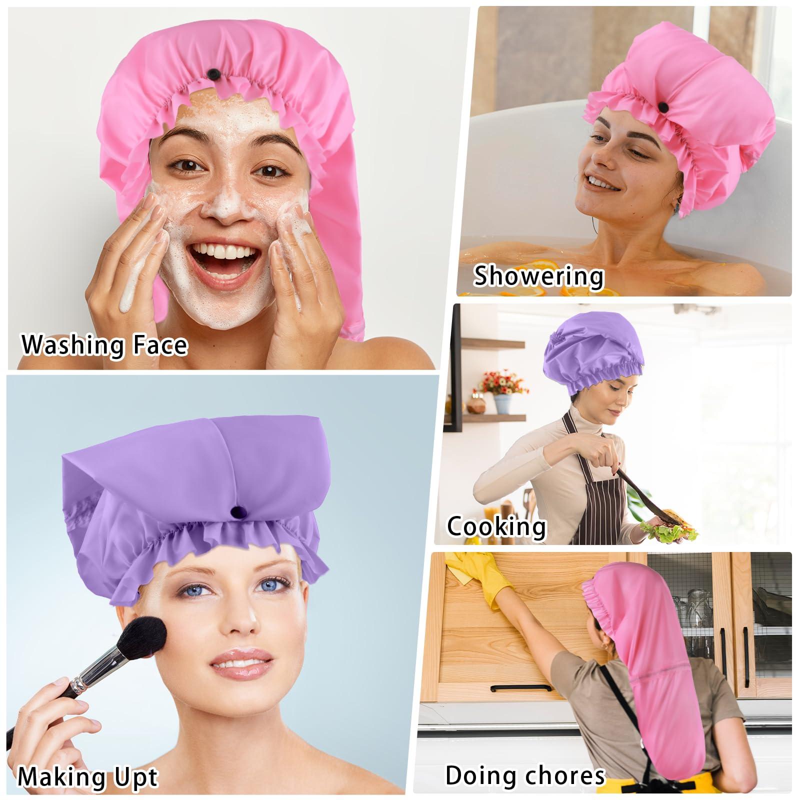 Abeillo 2 Pcs Large Shower Cap for Braids, Extra Long Shower Cap for Women Long Hair & Locs, Waterproof Hair Bonnets for Dreadlocks Drawstring Bath Caps for Women & Men (Pink, Purple)