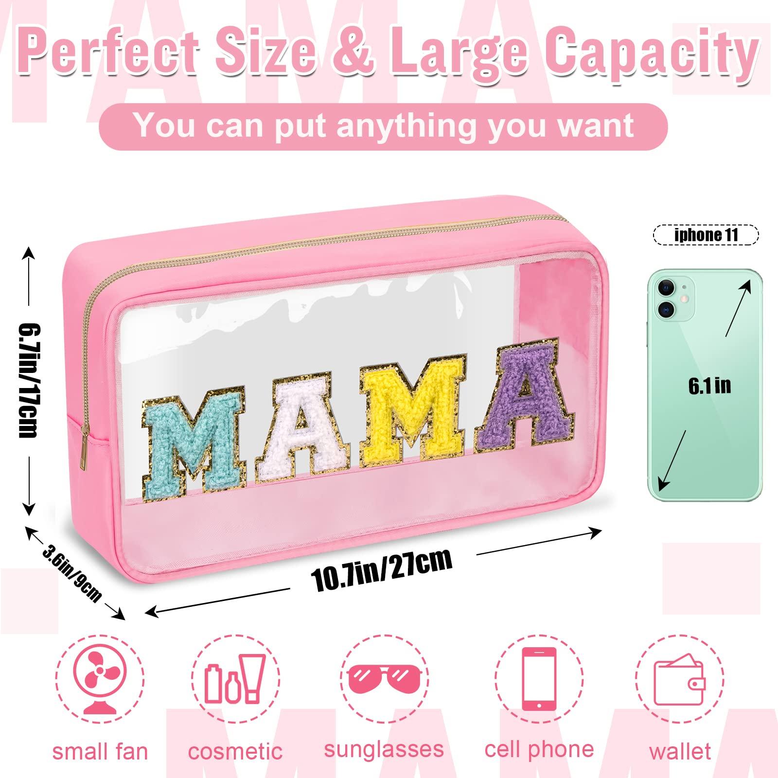 izuzta Chenille Letter Clear Makeup Bags Mama Pouch, Preppy Patch Makeup Bag with Zipper, Transparent PVC & Nylon Waterproof Portable Glitter Cosmetic Bag Travel Toiletry Storage for Women Girl(MAMA-Pink)