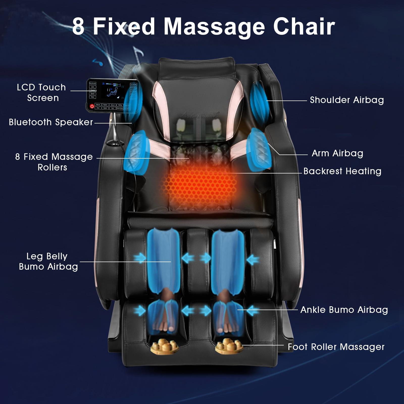 Artist hand Full Body Zero Gravity Shiatsu Massage Chair with Adjustable Heat for Lower Back & Upper Legs, 5 Preset Automatic Massage Modes, Bluetooth Speakers, and Space-Saving Design Recliner