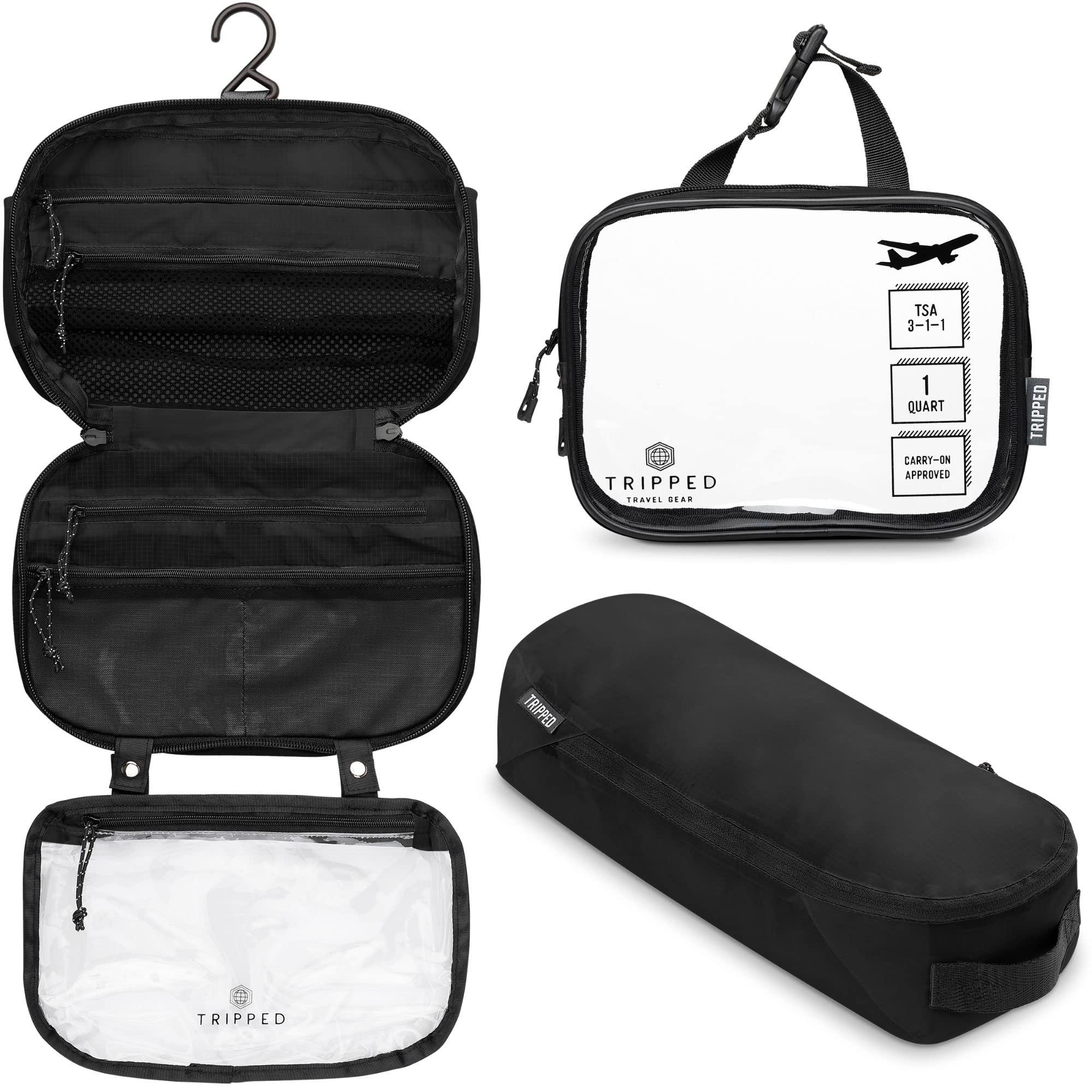 TRIPPED Travel Gear Toiletry Bag Kit Set: Hanging Travel Toiletry Bag + 311 TSA Cosmetic Liquid Bag + Ultralight Accessory Organizer Pouch (Black Ripstop)