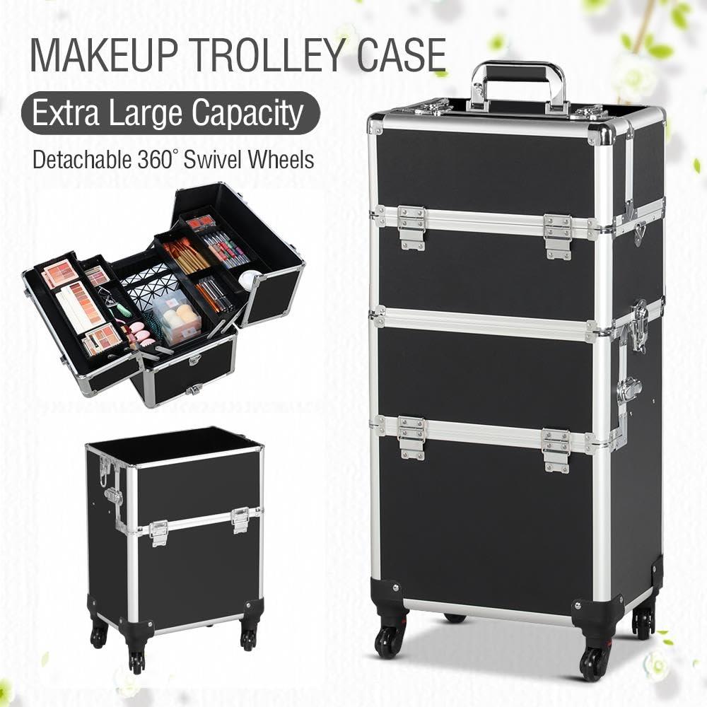 Yaheetech Yaheetech Rolling Makeup Train Case 3 in 1 Cosmetic Makeup Case Large Aluminum Trolley Makeup Travel Case Professional Rolling Cosmetic Beauty Storage, with 360 Swivel Wheels, Black