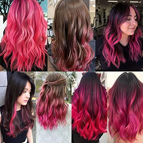 TENGNIUNIU TENGNIUNIU Colored Hair Extensions Clip in Hot Pink 12 Pieces Highlights Party for Kids Girls Women 16 Inch Wavy Curly Synthetic