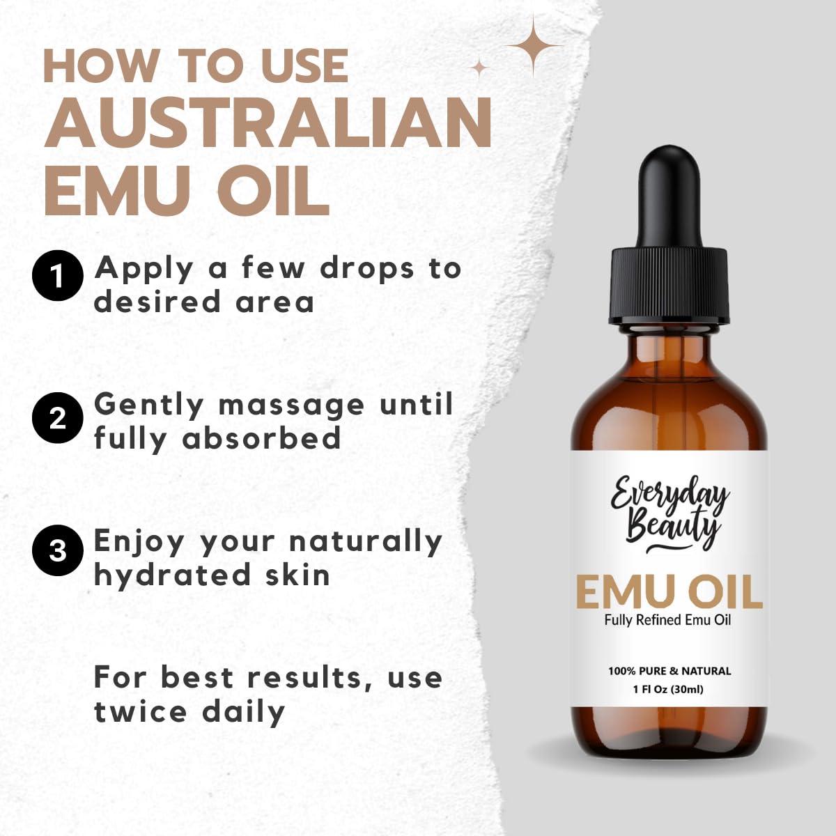 Everyday Beauty Helping You Feel Beautiful Ins Pure Australian Emu Oil - All Natural 6X Refined for Face, Skin and Hair - Highly Effective Hydration for Sensitive Skin & Hair Growth Perfect for Scars & Blemishes - 1 Fl Oz Glass Bottle & Dropper