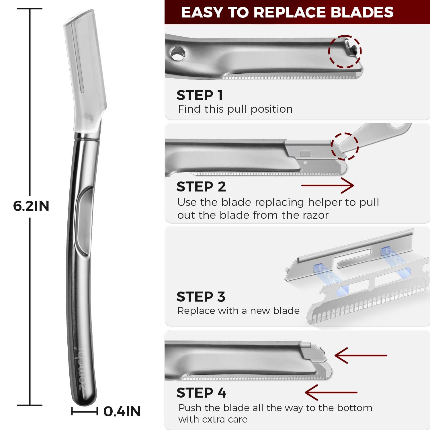 ZOMCHI ZOMCHI Eyebrow Razor and Face Razor for Women and Men, Reusable Metal Handle with 11 Refill Blades, Dermaplane Razor with Protective Silicone Cap, Eyebrow Hair Trimmer - Polished Silver