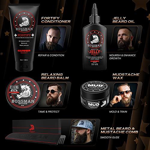 Bossman Bossman Complete Beard Kit - Men's Beard Oil Jelly, Fortify Shower Conditioner, Balm, Mustache Wax and Comb - Beard Softener, Growth, Care and Grooming Products Kit (Hammer)