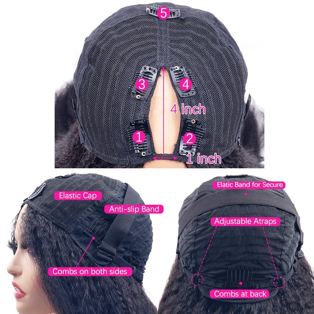 Abijale V Part Wig Human Hair Kinky Straight 180 Density Upgrade U Part Human Hair Wigs for Black Women No Leave Out V Part Wigs Glueless Clip in Half Wig Yaki Straight V Shape Wigs (26 IN, V Part Wigs)