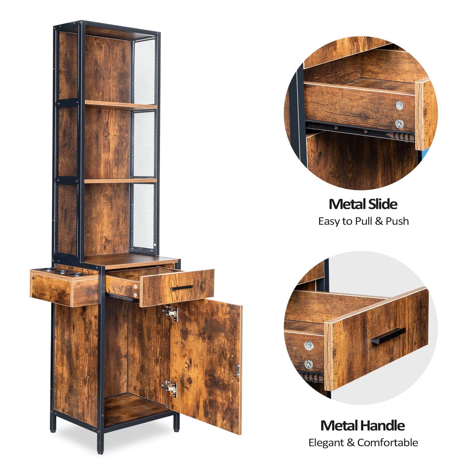 LEADZM LEADZM Salon Station for Hair Stylist, Wall Mount Barber Stations, Hair Styling Storage Cabinet with 3-Tier Open Shelves,1 Drawer, 1 Cabinet & 3 Hot Tool Holders,Rustic Brown