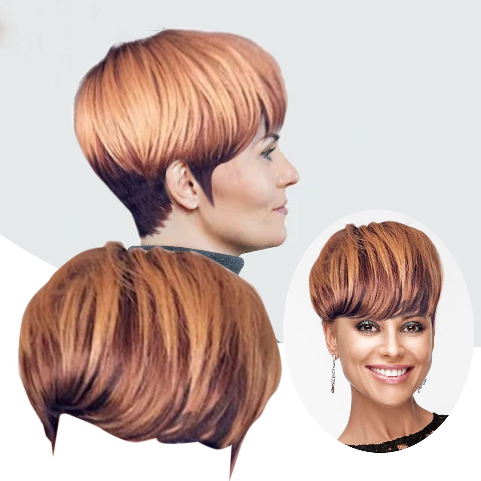 Generic Generic Wig Human Hair Short Human Hair Wigs for Black Women Layered Wavy Wigs Black with Brown (A2-Gold, One Size)