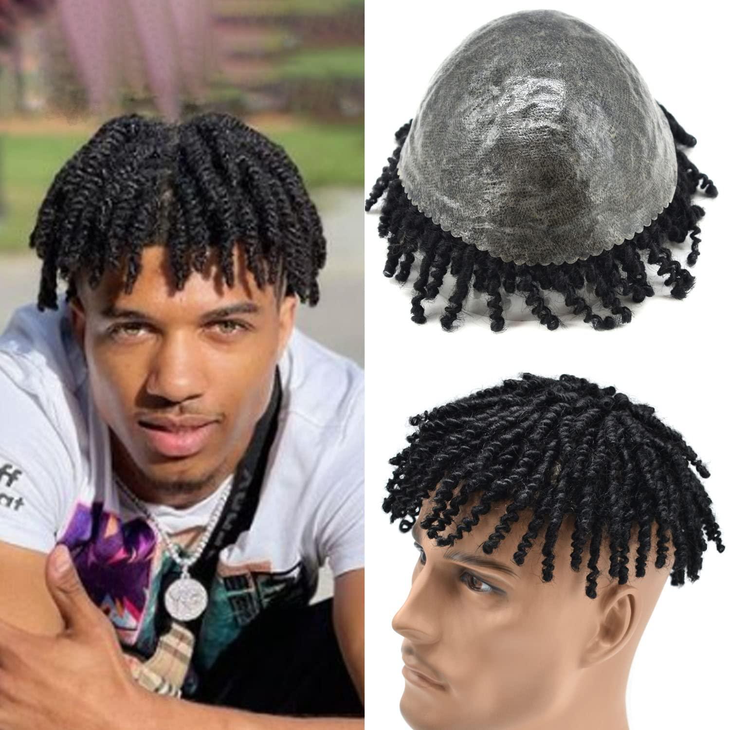 Generic Afro Kinky Twist Crochet Braids Hair for Black Men 8X10 African American Human Hair System Replacement Afro Toupee for Black Men All PU Injected Poly Thin Skin Hair Piece Mens Wig 6MM-6\",1B# Off Black