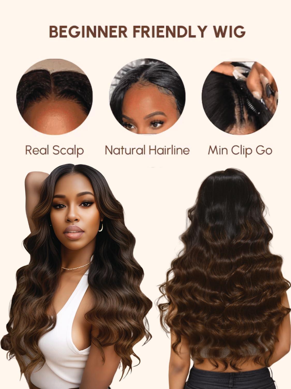 YIROO YIROO V Part Wig Human Hair No Leave Out Ombre Chestnut Brown Yaki Straight Glueless Human Hair Wig Upgrade U Part Wigs for Women V Shape Clip in Half Wig No Glue No Sew in Beginner Wig 18inch