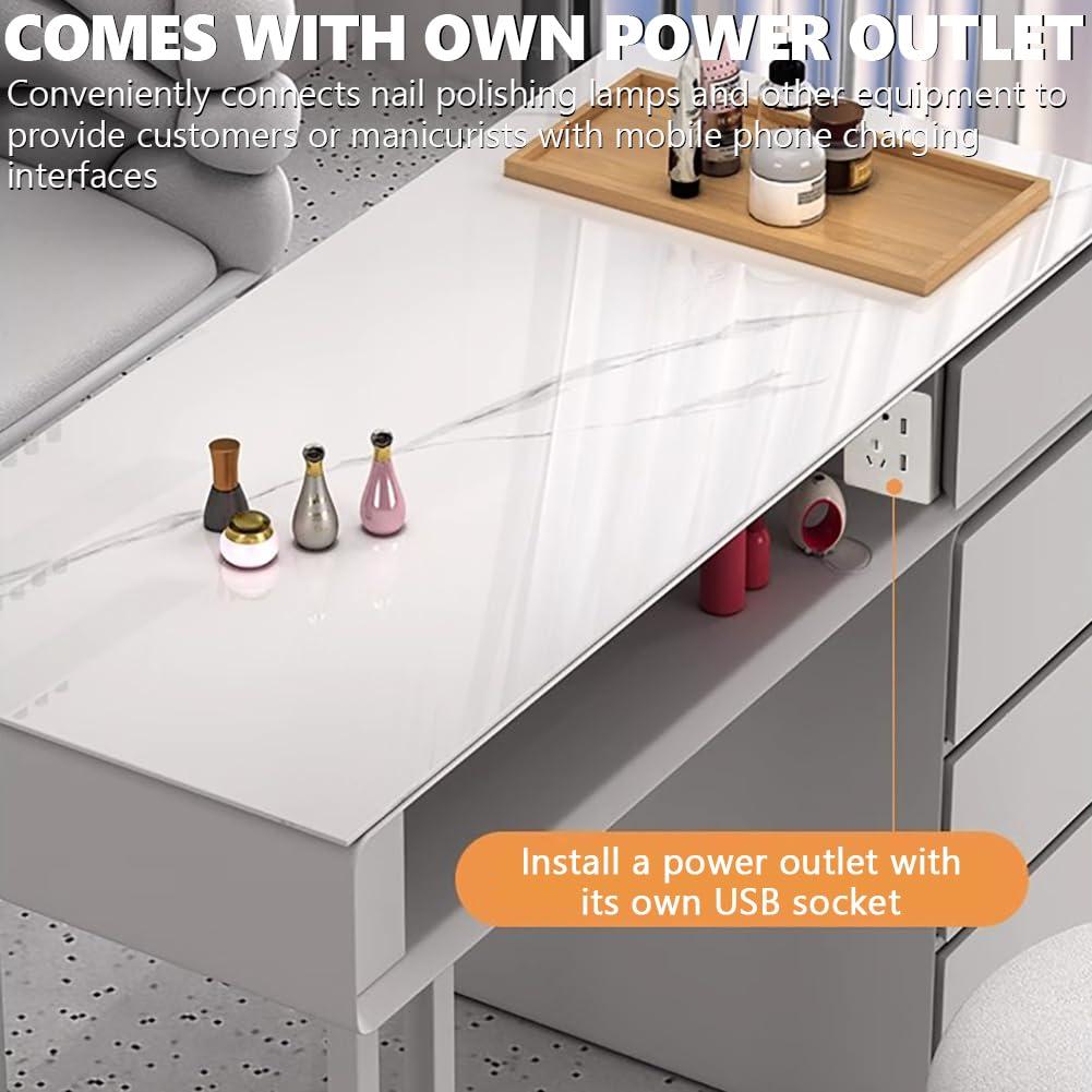 BOYITES BOYITES Modern Manicure Table, Professional Manicure Desk with Storage Drawers, Art Nail Tech Workstation for Mainicure Shop, Comes with Socket, Freestanding Beauty Salon Table,A,120cm