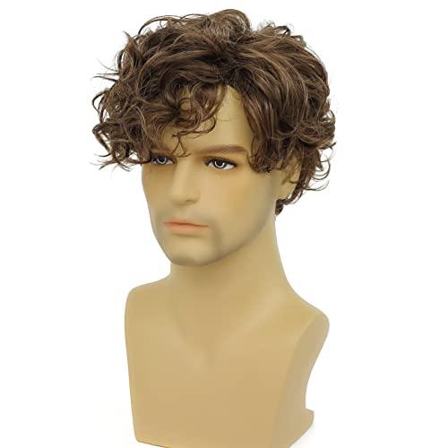 Tseses Tseses Short Brown Wigs for Men Curly Layered Natural Looking Side Part Hair Heat Resistant Synthetic Wigs with Wig Cap (Brown)
