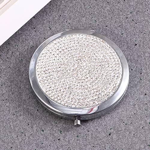 LALAFINA LALAFINA 1pc Bling Compact Mirror Pocket Rhinestone Makeup Mirror Double-Sided Cosmetic Mirror Round Folding Mirror for Women Travel Daily Use, White