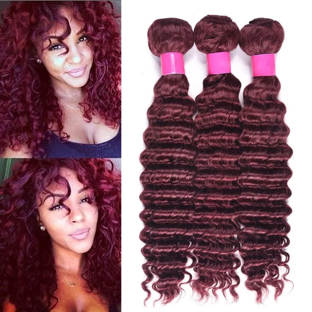 FEEL ME 99j Deep Wave Human Hair Bundles Brazilian Hair Weave 3 Bundles Red Burgundy Deep Curly Human Hair Bundles 14 16 18 Inch 10A Unprocessed Brazilian Curly Virgin Hair Extensions