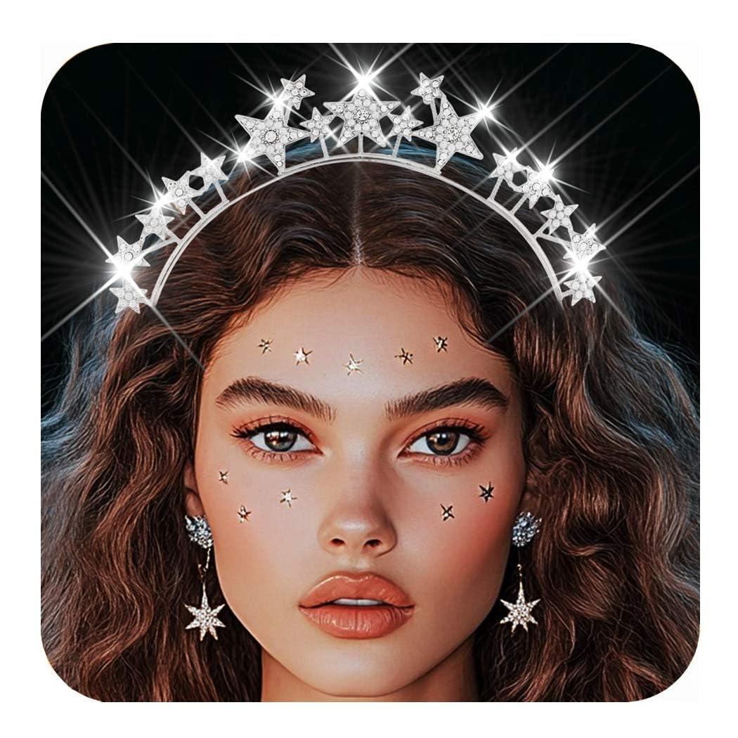 CAKURE CAKURE Star Halo Crown Headband Silver Rhinestone Celestial Wedding Tiaras Crystal Mary Headpiece Party Wedding Hair Accessories for Women and Girls