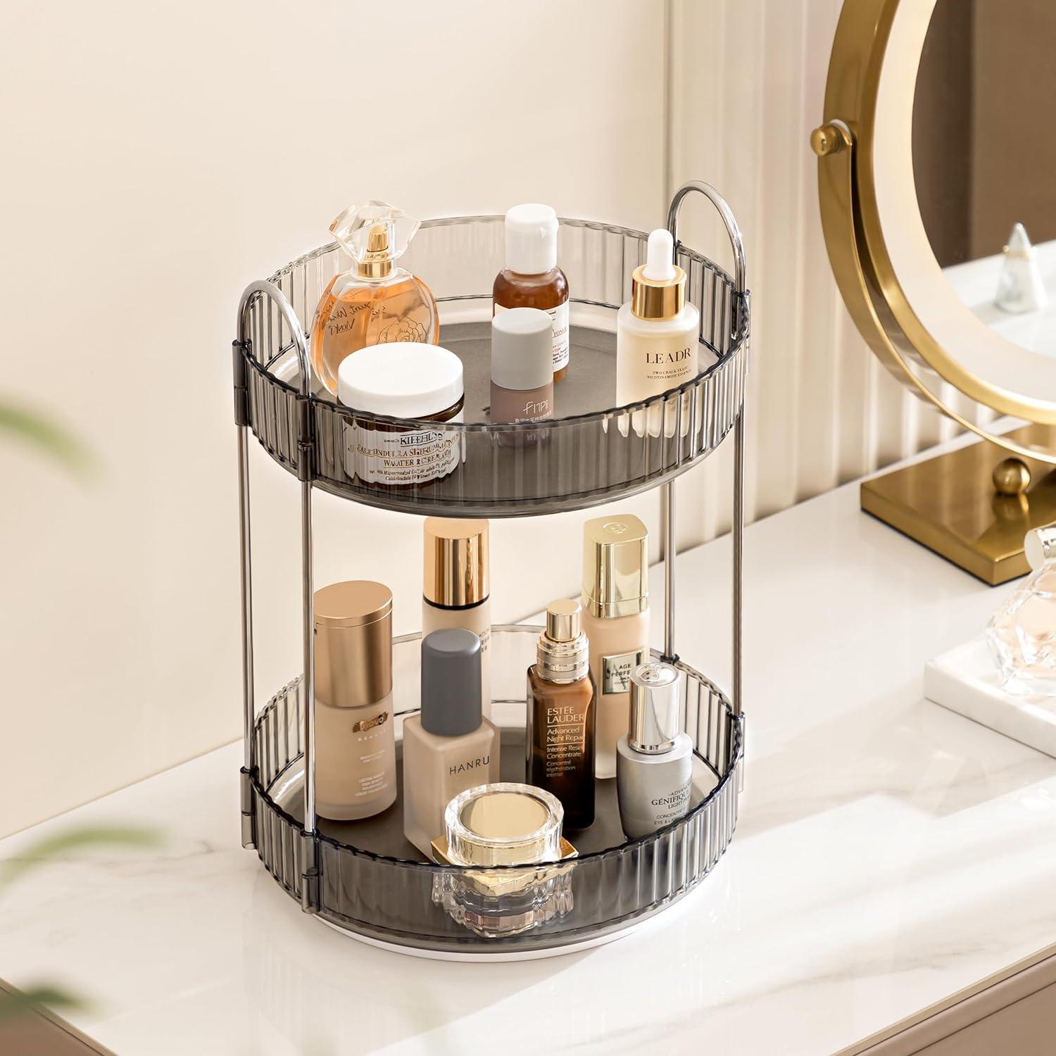 HBlife HBlife 360 Rotating Makeup Organizer, 2 Tier Spinning Perfume Skincare Organizer Large Capacity Cosmetic Storage for Bathroom, Vanity, Countertop, Grey