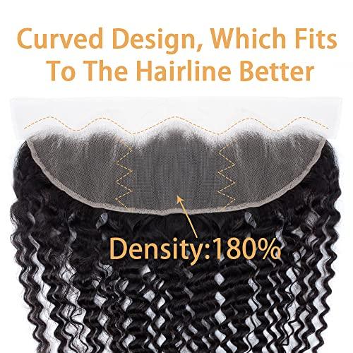 ROYAL IMPRESSION Deep Wave Ear To Ear 13x4 HD Lace Frontal Closure 100% Unprocessed Brazilian Virgin Human Hair Swiss Lace Frontal Closure 180% Density Brazilian Deep Curly Frontal Closures Natural Color (22 Inch)