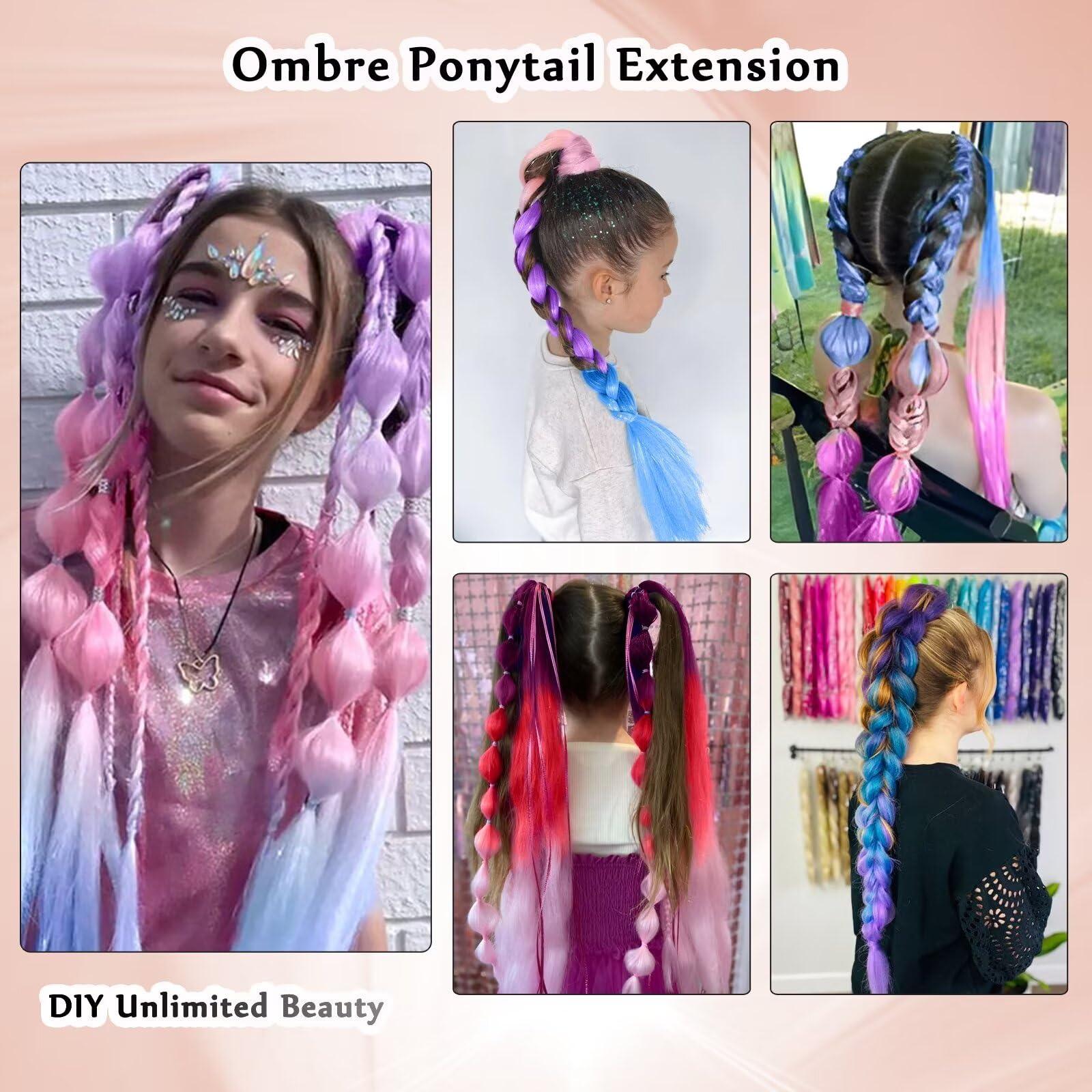 ALIABSION Purple Pink Ombre Ponytail Extension with Hair Tie Festival Colored Ponytail Hair Extensions for Braiding 2 Packs 24 Inch Colorful Pony Tails Hair Extensions for Braids Rave Crazy Hair Day(50g/pc)