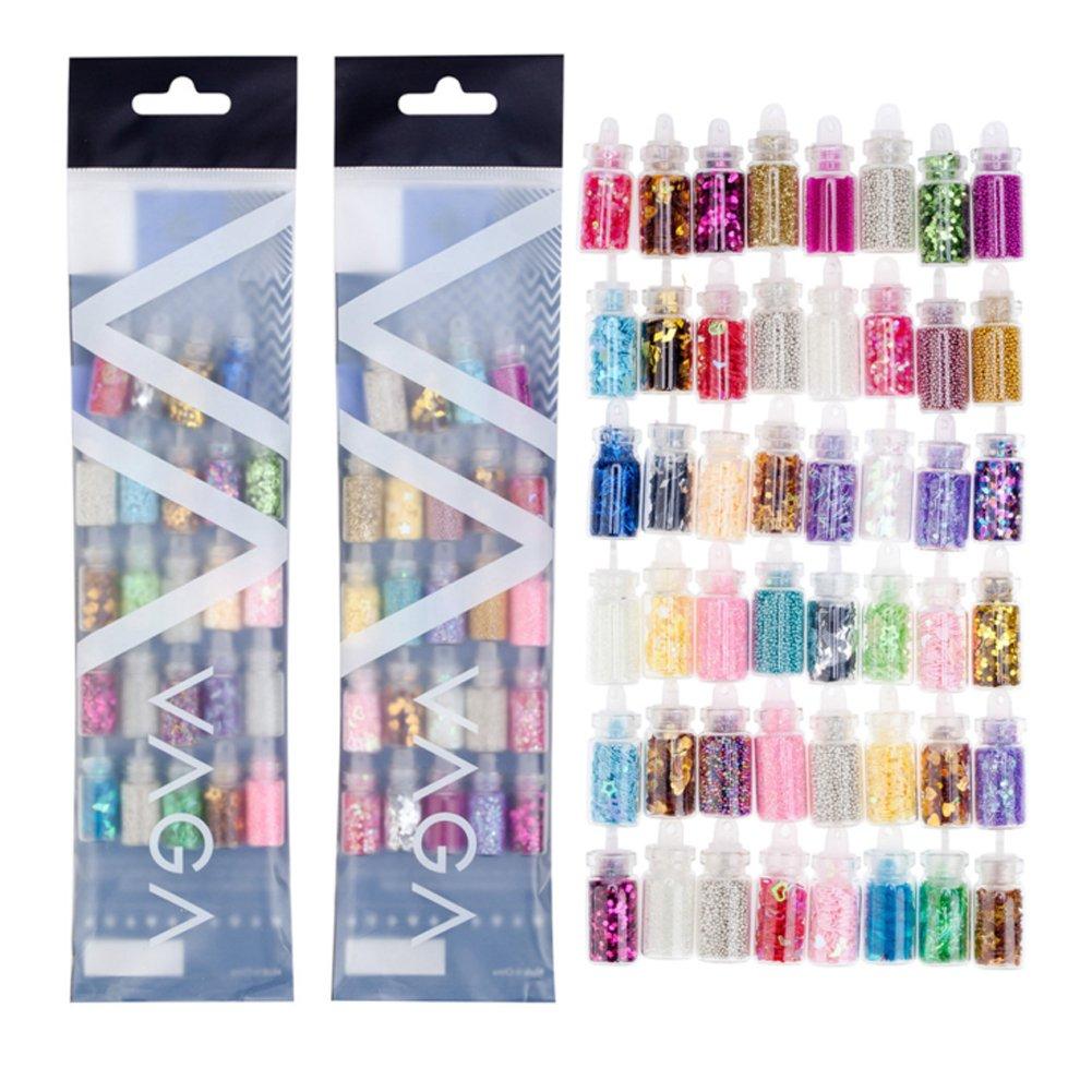 VAGA VAGA Nail Art Kit - Multi-colored Caviar Beads & Glitter Set for 3D Nail Decorations, Nail Manicure Kit with Foil Nail Art Glitter, 48 Count