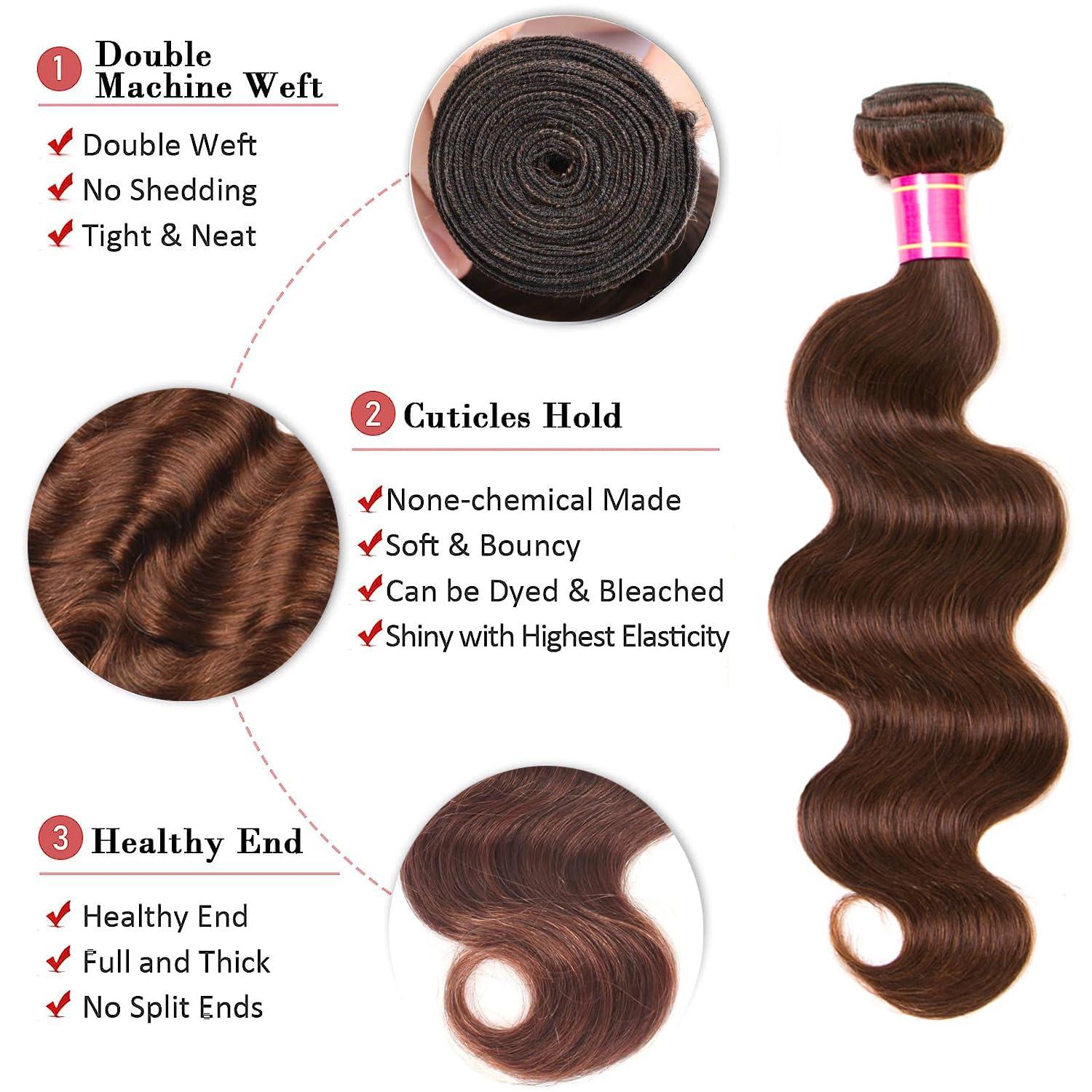 QXRM Body Wave Bundles Human Hair - 12A Brazilian Virgin Human Hair Bundles Double Weft Weave 100G Body Wave 3 Bundles Unprocessed Weave (#4 Medium Brown Body Wave, 10 Inch)