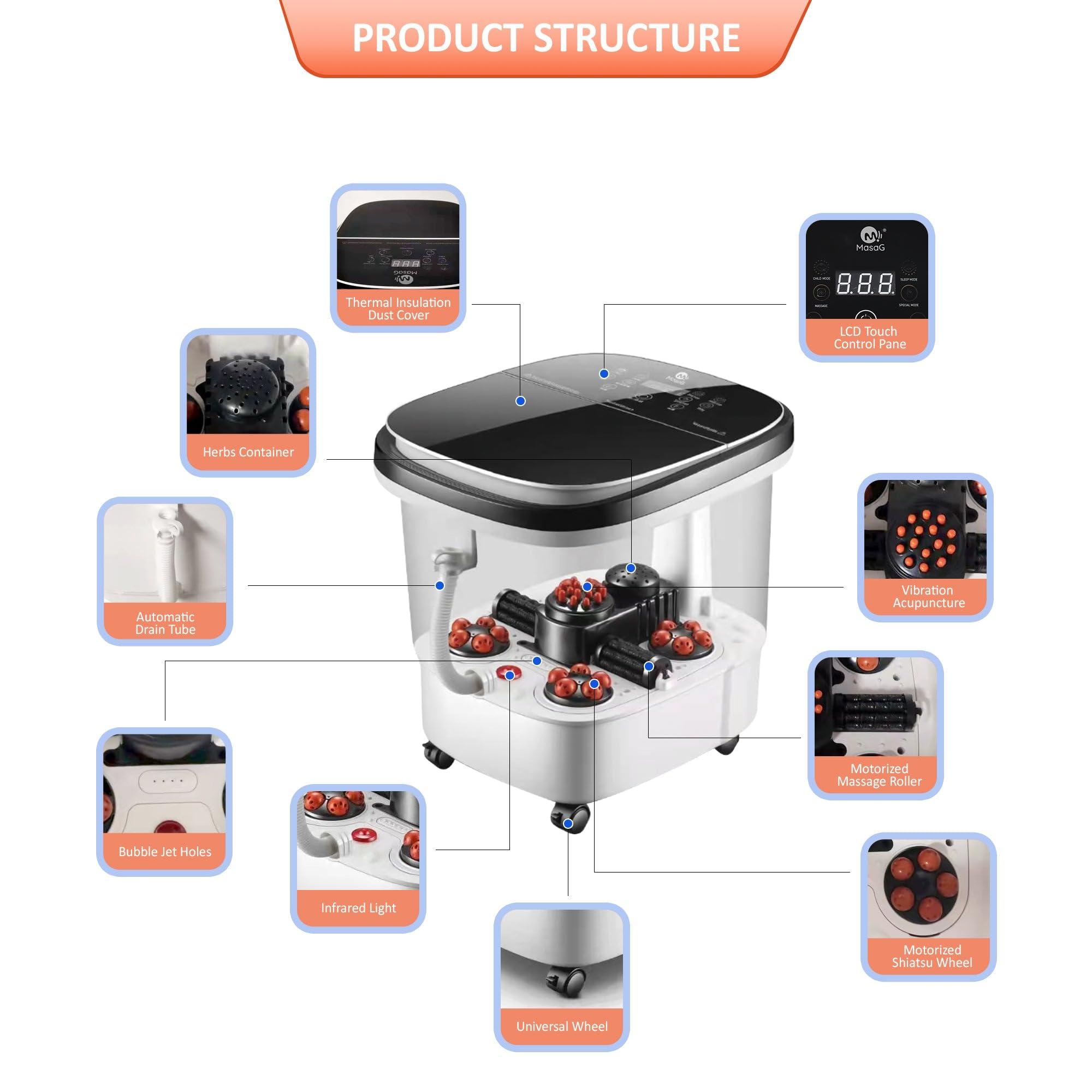 MASAG Luxury Foot Spa Massager, Deeper Foot Bath Soak Tub, MASAG A35 Heated Foot Spa Bucket, w/Touch Control Panel, Motorized Shiatsu, 4 Gallons Large Foot Spa Barrel, All in One for Foot Stress Relief