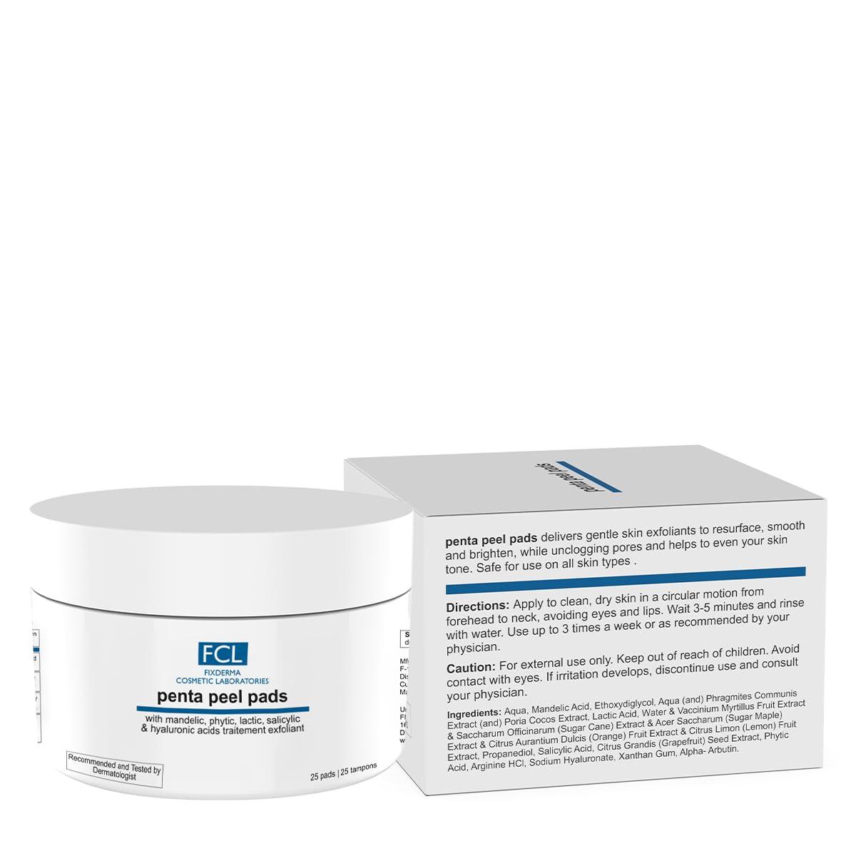 FIXDERMA COSMETIC LABORATORIES FCL Penta peel pads| Exfoliant | Removes dead cells | Reduces fine lines & wrinkles | Gentle & safe peeling pads| Improves skin texture | Shrinks open pores | Paraben Free | 25 pads