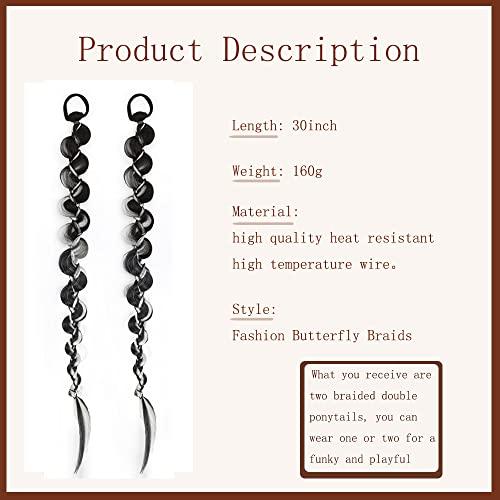 QIAORUIXIN 2PCS Long Braided Ponytail Extension, Fashion style twist Butterfly Braided with Hair Tie Straight Wrap Around Hair Extensions Ponytail Natural Soft Synthetic HairPiece for Women Black Highlights grey