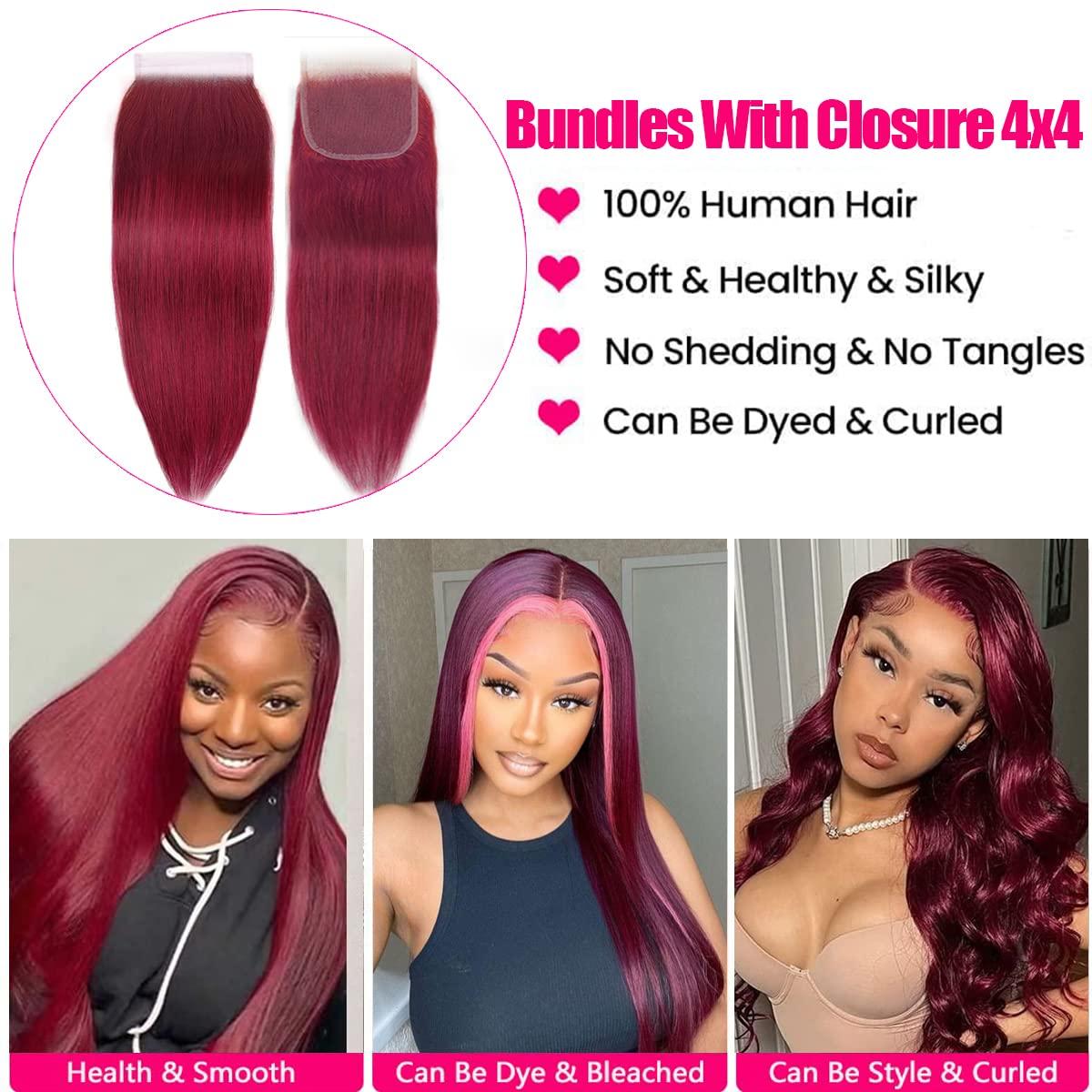 haha Haha 99J Burgundy Straight Bundles with Closure Human Hair Wine Red Bundles With 4x4 Lace Closure Brazilian Virgin Hair Weave 3 Bundles Human Hair with Closure Colored 18 20 22 +16 Free Part