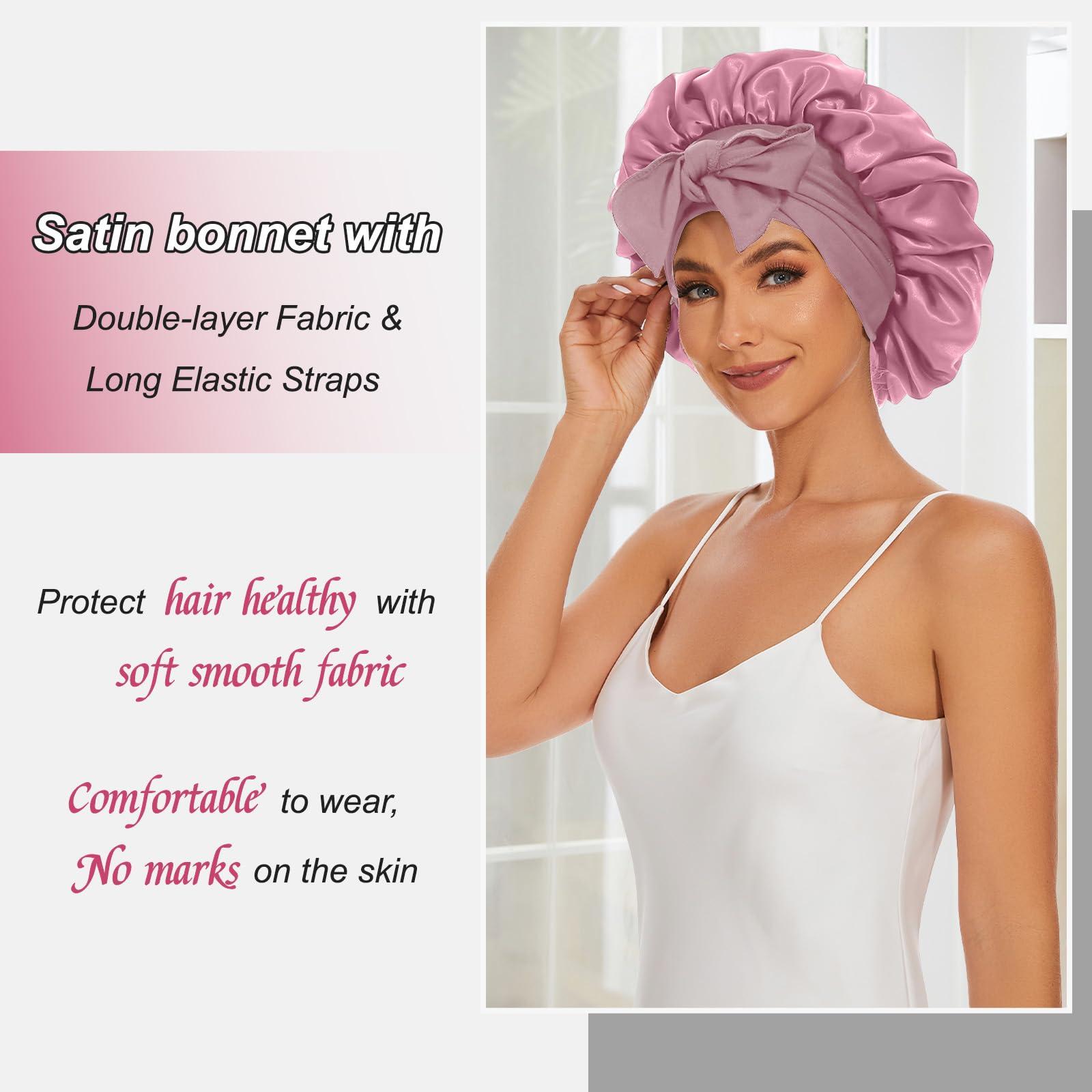 Srevela Satin Silk Bonnet Hair Bonnet for Sleeping Jumbo Sleep Cap, Bonnet for Women Curly Hair, Double Layer Bonnet with Tie Band, Shower Cap