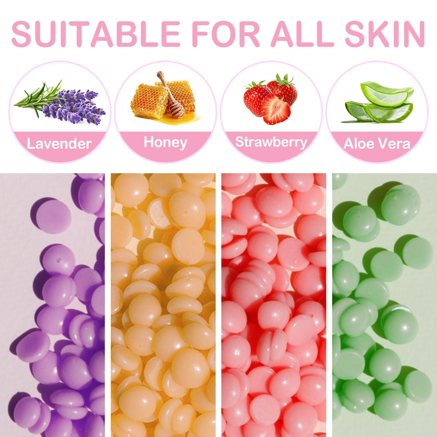 JunKuJK 4 Packs Hard Wax Beads for Hair Removal,Gentle Waxing Beads for Full Body,Face,Underarm,Bikini and Legs,Long Lasting Hair Removal Waxing Kit with 10 Wax Scraper Sticks