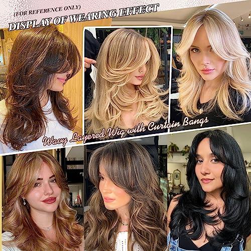 LEOSA LEOSA Dark Brown Wig with Curtain Bangs Layered Wig for Women Brown Hair Wig Shoulder-Length Wavy Wig Long Dark Brown Synthetic Wigs with Bangs for White Women Medium Brown Wig for Daily Party Use