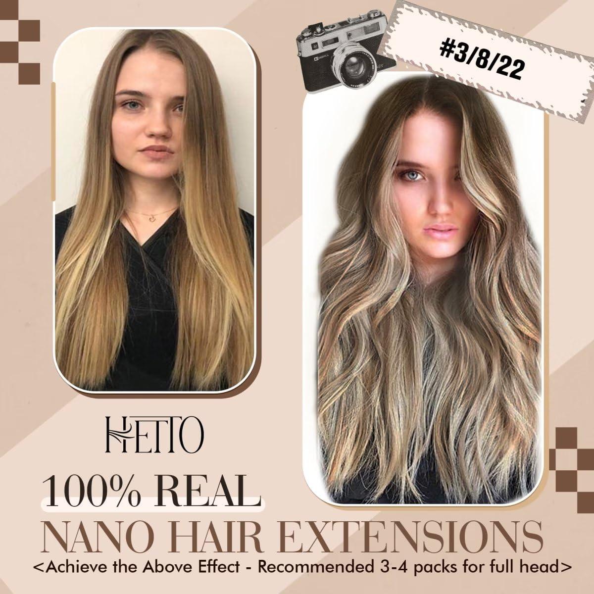 Hetto Hetto Nano Ring Hair Extensions Remy Hair Nano Hair Extensions Balayage Darker Brown to Light Brown with Medium Blonde Nano Bead Hair Extensions Pre Bonded Human Hair 16 Inch 50 Strands 50g