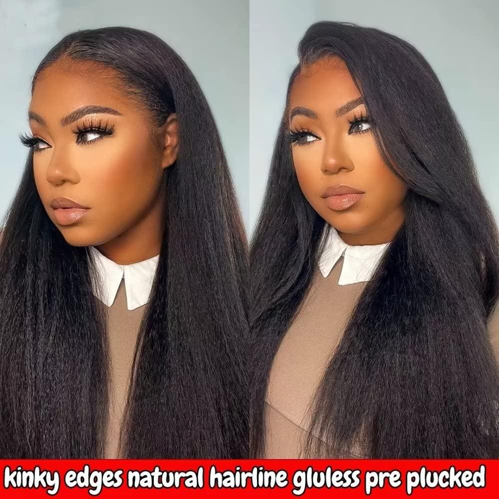 QUINLUX WIGS Curly Baby Hair Kinky Straight Wig 360 HD Invisible Lace Frontal Human Hair Wig Pre Plucked Bleached Knots Kinky Edges Yaki Transparent HD 360 Lace Front Wig Brazilian Full End Glueless Wig 26 inch