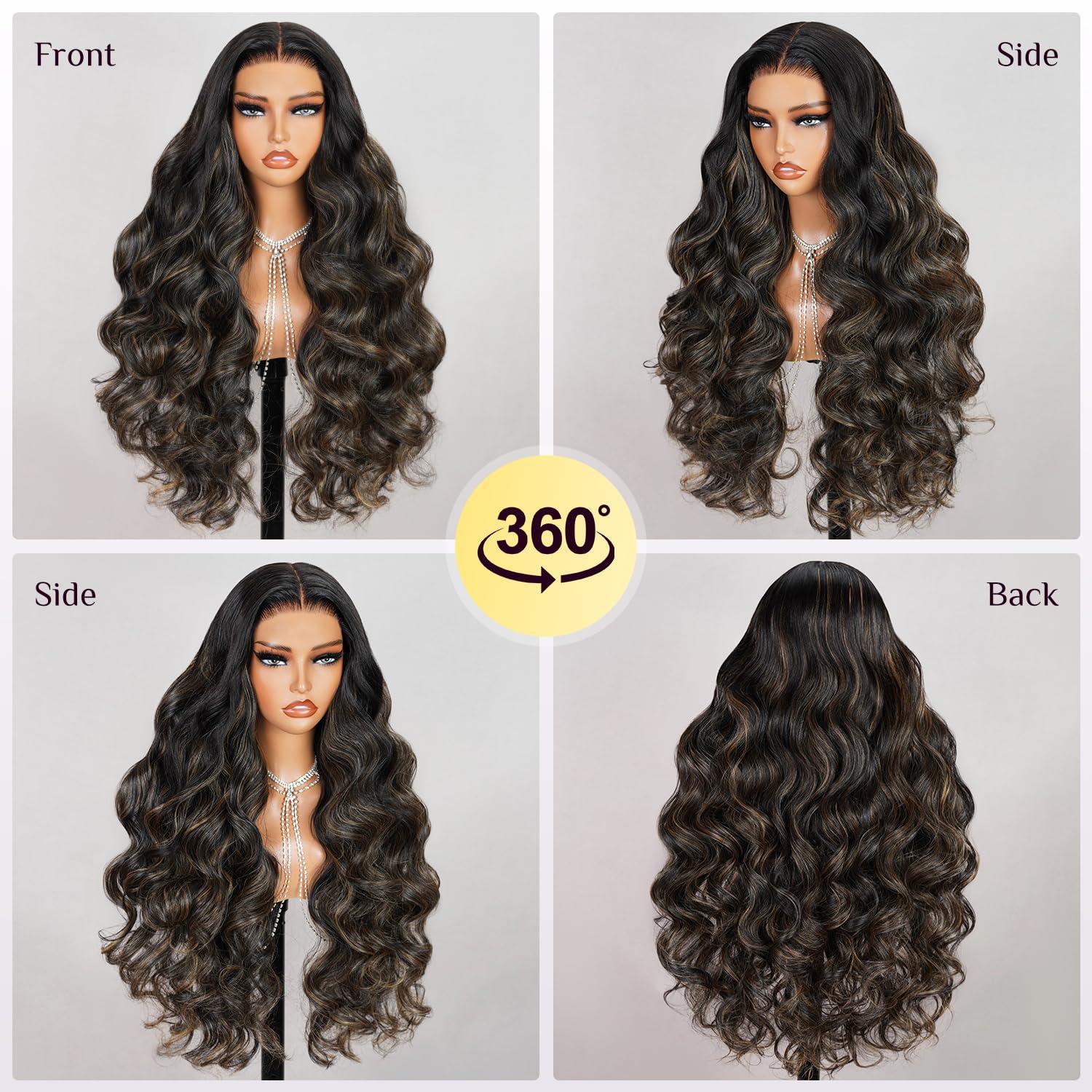 TESLAL TESLAL Balayage Wear and Go Glueless Wig Pre Cut HD Lace 6X6 Lace Wig 26 Inch 260% Density 1B/27 Highlight Body Wave Human Hair Blend Premium Fiber Wigs By Crafted Technology