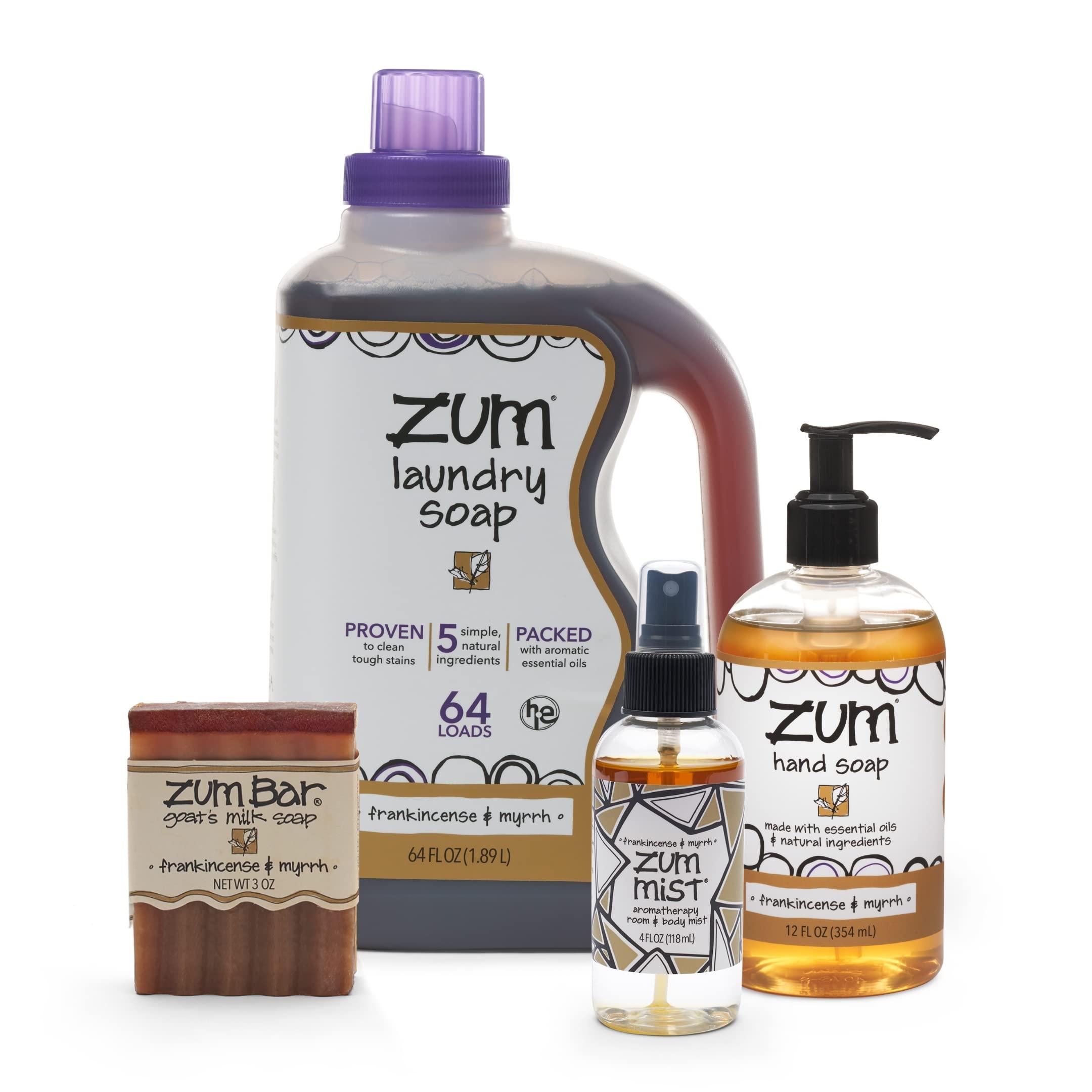 Zum Zum Indigo Wild Home Essentials - Laundry Soap (64 oz) - Liquid Hand Soap (12 fl oz) - Room Spray Air Freshener (4 fl oz) - Goat Milk Soap Bar (3 oz) - Frankincense & Myrrh Scent