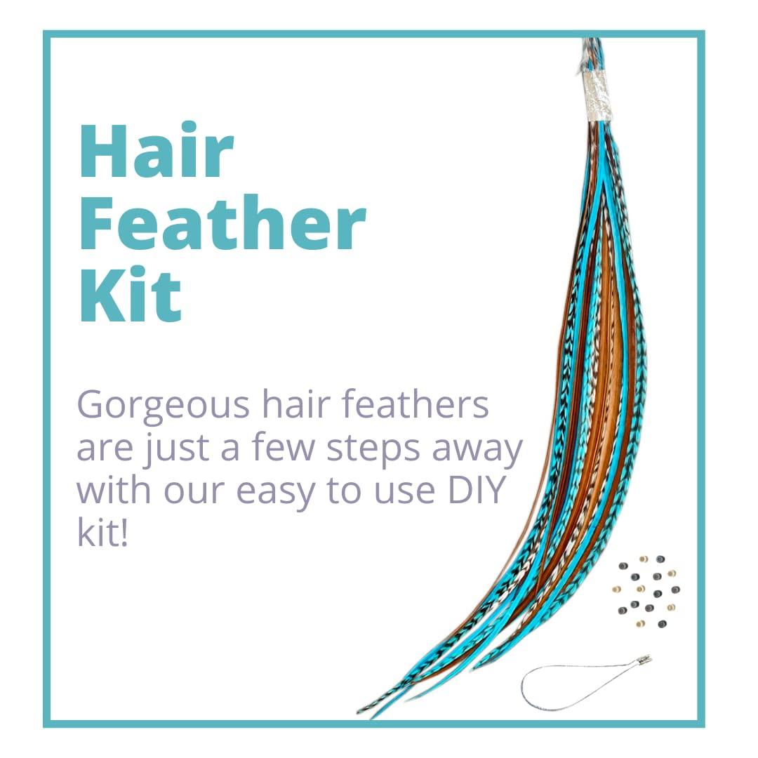 Feather Lily Hair Feathers Extensions Kit, Long Real Rooster Feathers for Hair with DIY Microlink Beads and Loop Tool, Western Turquoise Blue and Brown Naturals