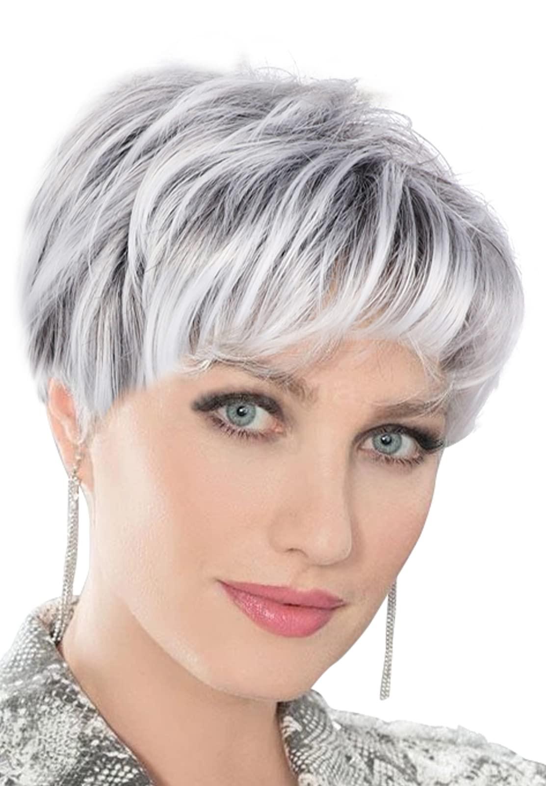 Happy Cherry Happy Cherry Short Hair Wigs with Bangs for White Women Ombre Wigs White Human Hair Wig Fluffy Shag Wig Synthetic Mom Wigs With Cap Comb