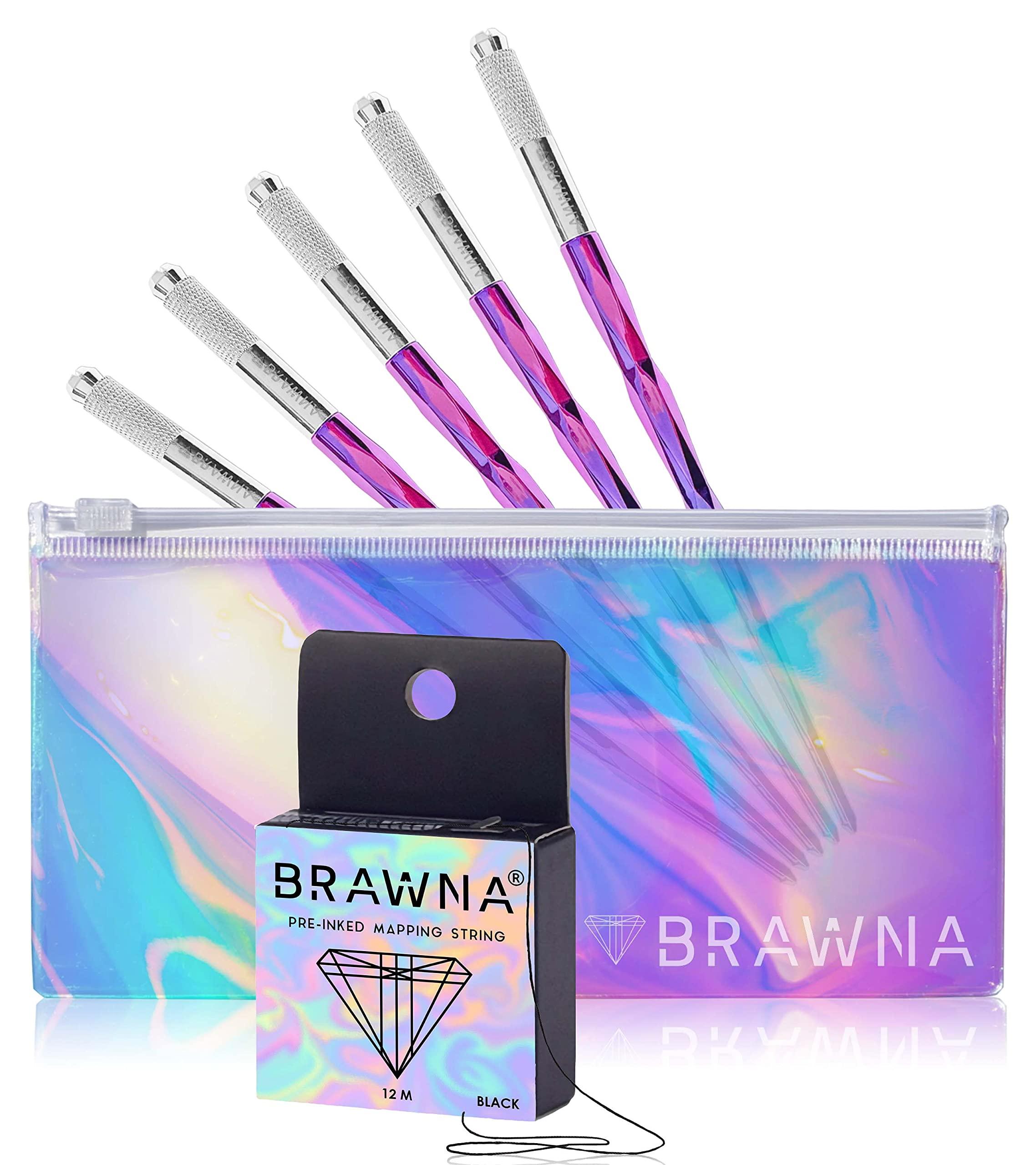 BRAWNA BRAWNA Eyebrow Micoblading Supplies Kit – 5 Disposable Microblading Pen Handles, Pre-Inked Mapping Eyebrow Thread and Holographic Zipper Storage Case; PMU Kit - Eyebrow Tattoo - Permanent Makeup Tools