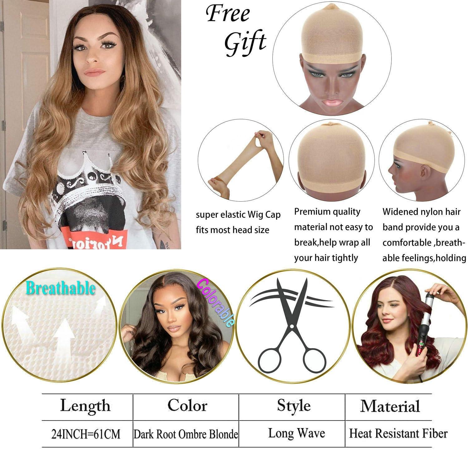 Yinuozhogntian Yinuozhogntian 24\" Brown Blonde Ombre Natural Color Wig Long Wave Hear Resistant Hair Synthetic Lace Front Wigs for Women Party Cosplay Festival Holidays Natural Hairline Wigs Drag Queen