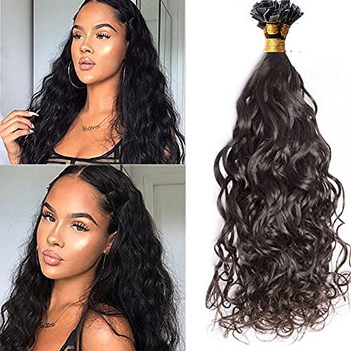 RJ HAIR Brazilian Sassy Loose Wave Flat Tip Hair Extension Human Hair Pre-Bonded Keratin Flat Tip Hair Extensions Natural Black /Brown Color (12inch 100strand, #1 Jet black)