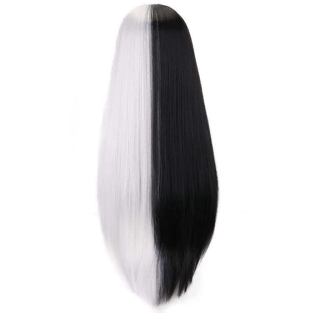 Styler Styler Half Black Half White Wig with Bangs, Long Straight Anime Cosplay Wig for Women, Heat Resistant Synthetic Halloween Hair Wigs