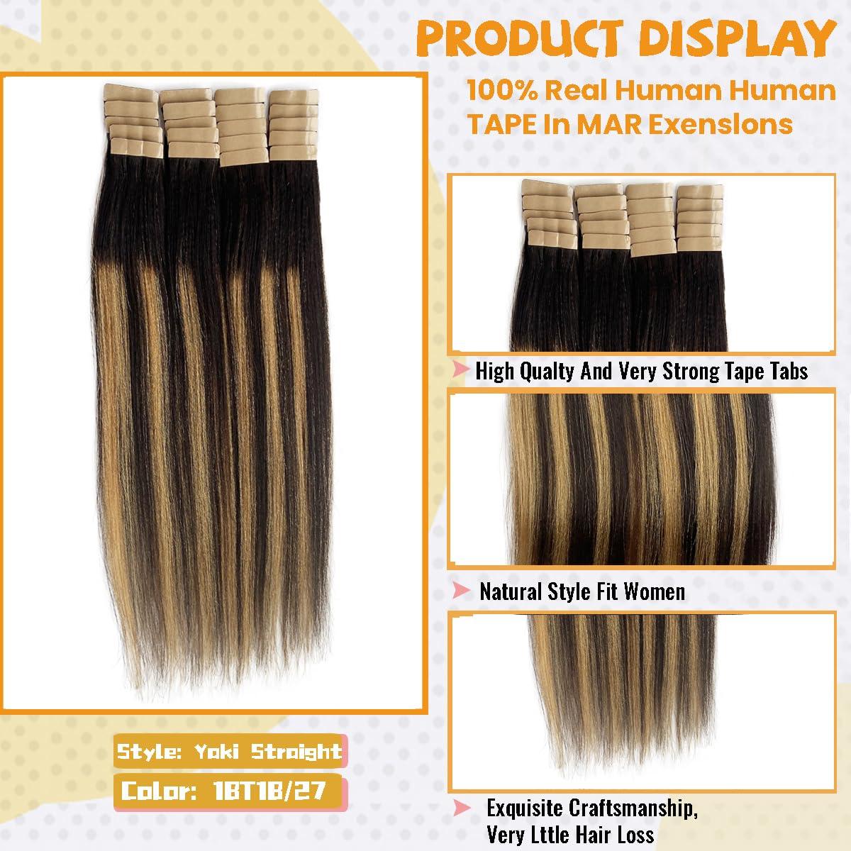 Smavida Ombre Blonde Tape in Hair Extensions Human Hair 22Inch Yaki Straight Highlighted Brown to Honey Blonde Tape in Extensions Real Human Hair 20Pcs 50 Gram Double Sided Yaki Tape in Invisible Hair