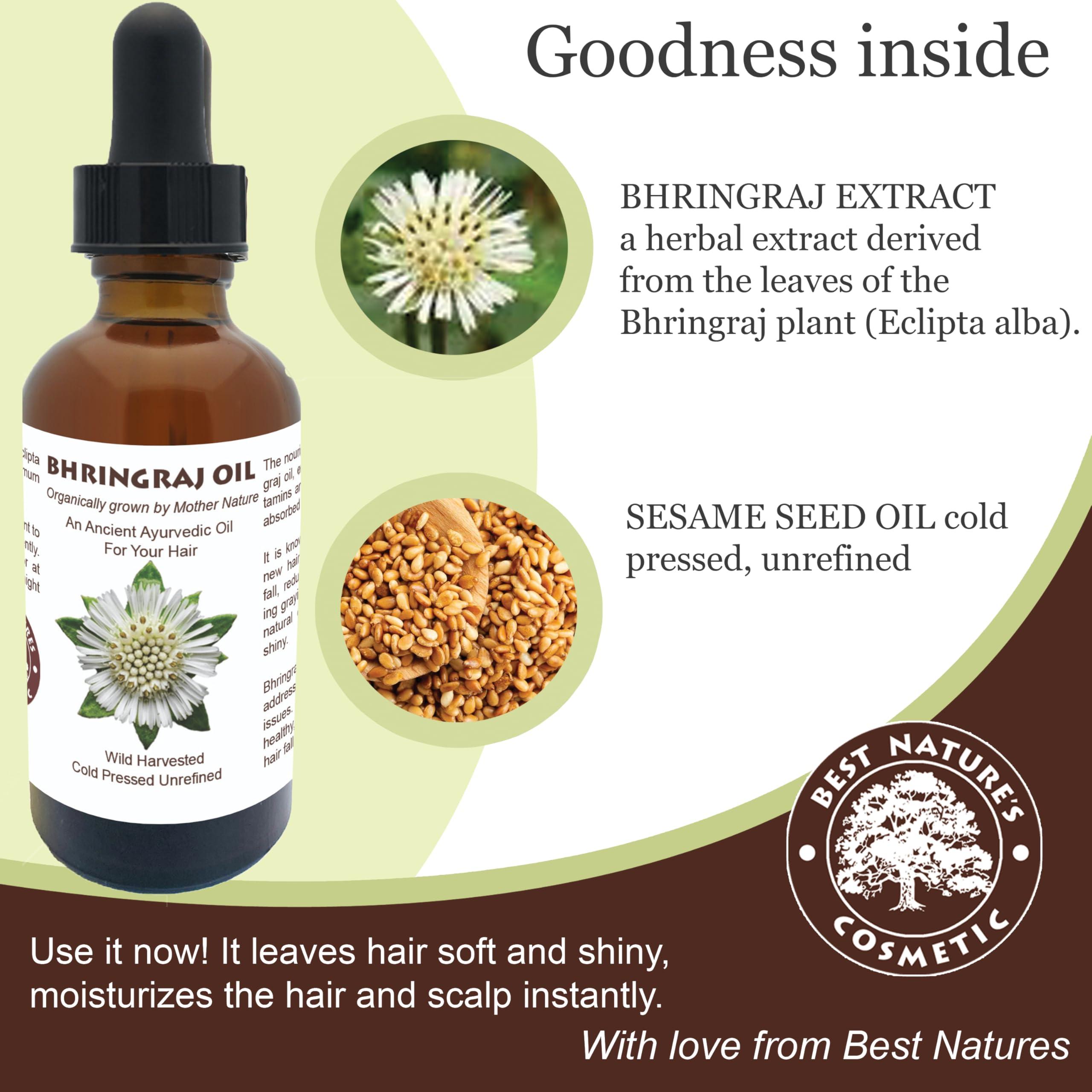 Best Nature's Cosmetics Best Natures Bhringraj Oil, Indian Eclipta Alba Oil, Pure and Natural, Cleans scalp, Improve overall appearance of hair. Goodbye Dandruff, For Graying, Hello Luminously shiny hair / 2 fl oz