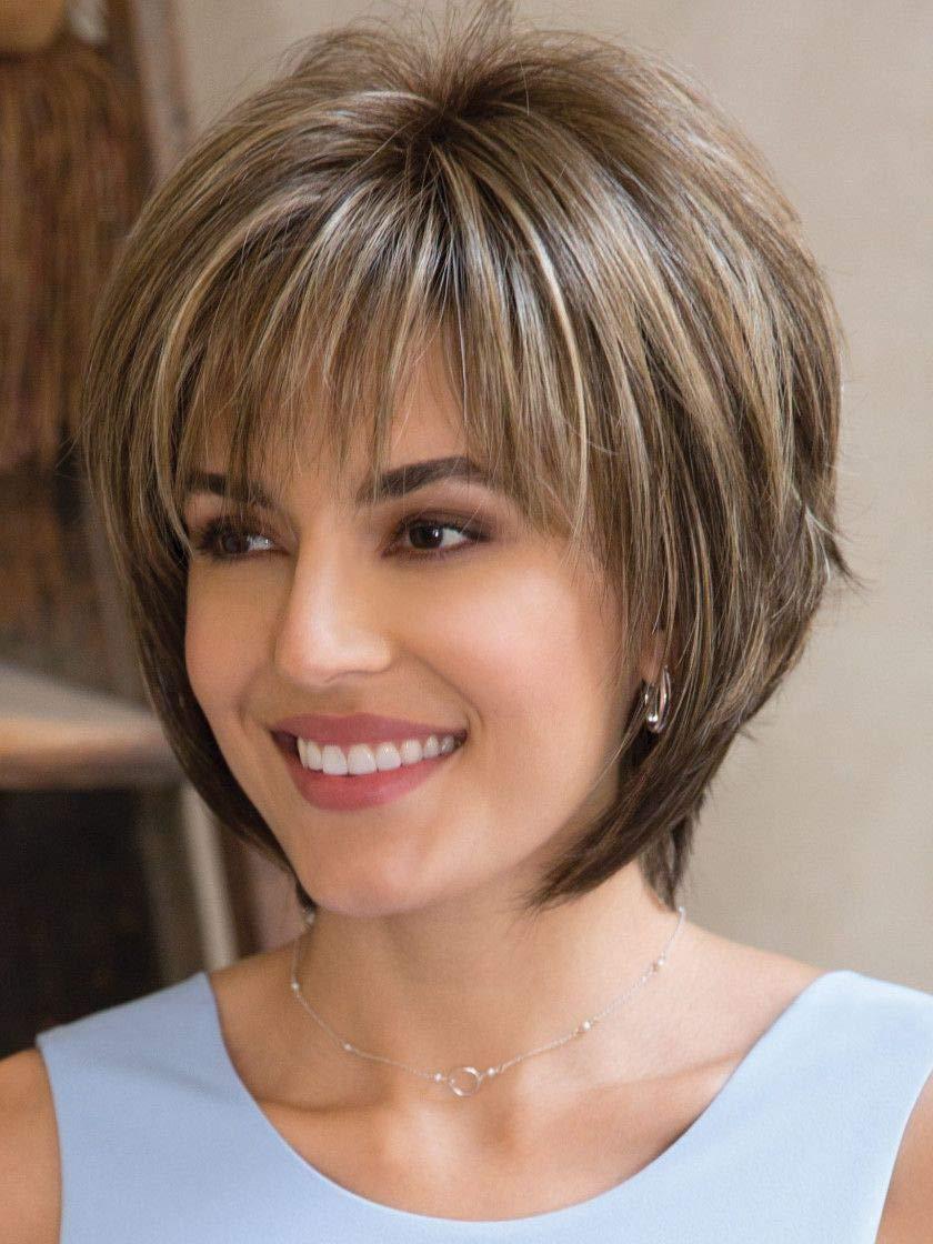 Noriko Maxwigs Reese Monofilament Part Color Creamy Toffee Rooted - Women\'s Tousled Bob Synthetic Short Choppy Layers Side Fringe Bundle with Wig Comb, MaxWigs Hairloss Booklet