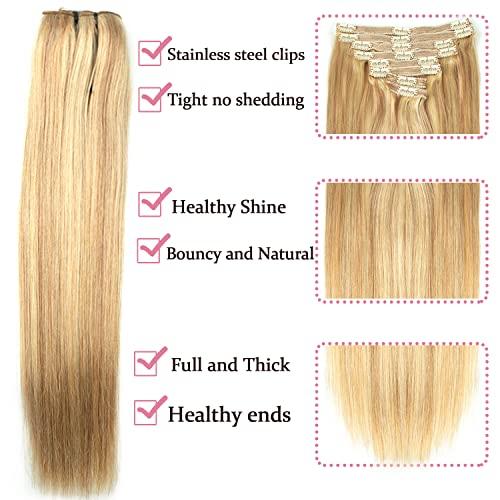 Tahikie Human Hair Clip in Extensions Dark Blonde Highlighted Bleach Blond Full Head Silky Straight Clip in Natural Remy Human Hair Extensions 120g 8pcs (22 inch, 18/613)