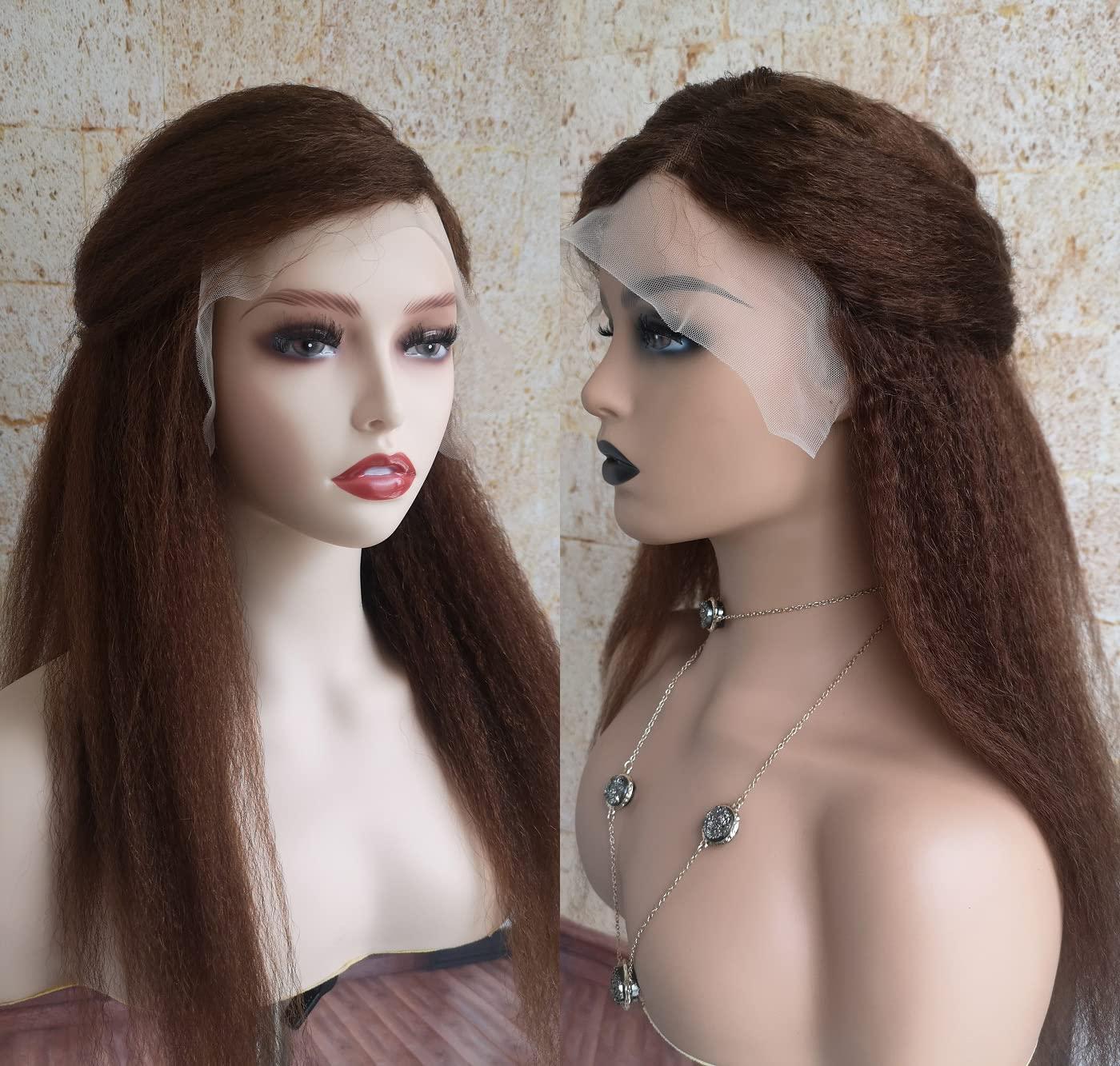 HAOKE Italian Yaki Lace Front Wigs Human Hair 4x4 Silk Base Top Yaki Kinky Straight Human Hair Wigs for Black Women Medium Auburn Wig Glueless Human Hair Lace Wig with Baby Hair (8inch, 4x4 Silk Base Wig)