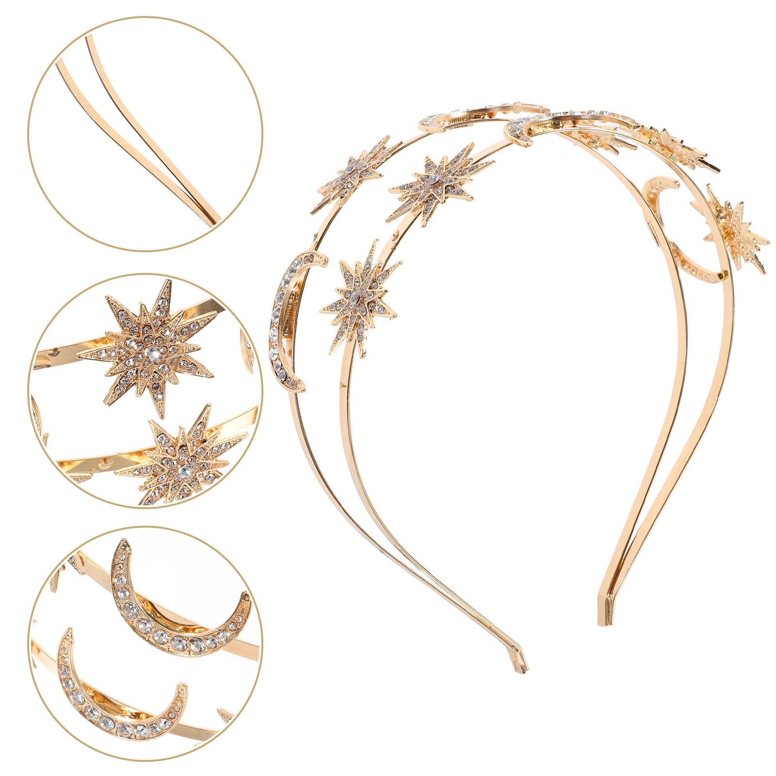 LUOZZY LUOZZY Star and Moon Headband Goddess Crown Headdress Double Layer Rhinestone Headpiece Party Supplies - Golden