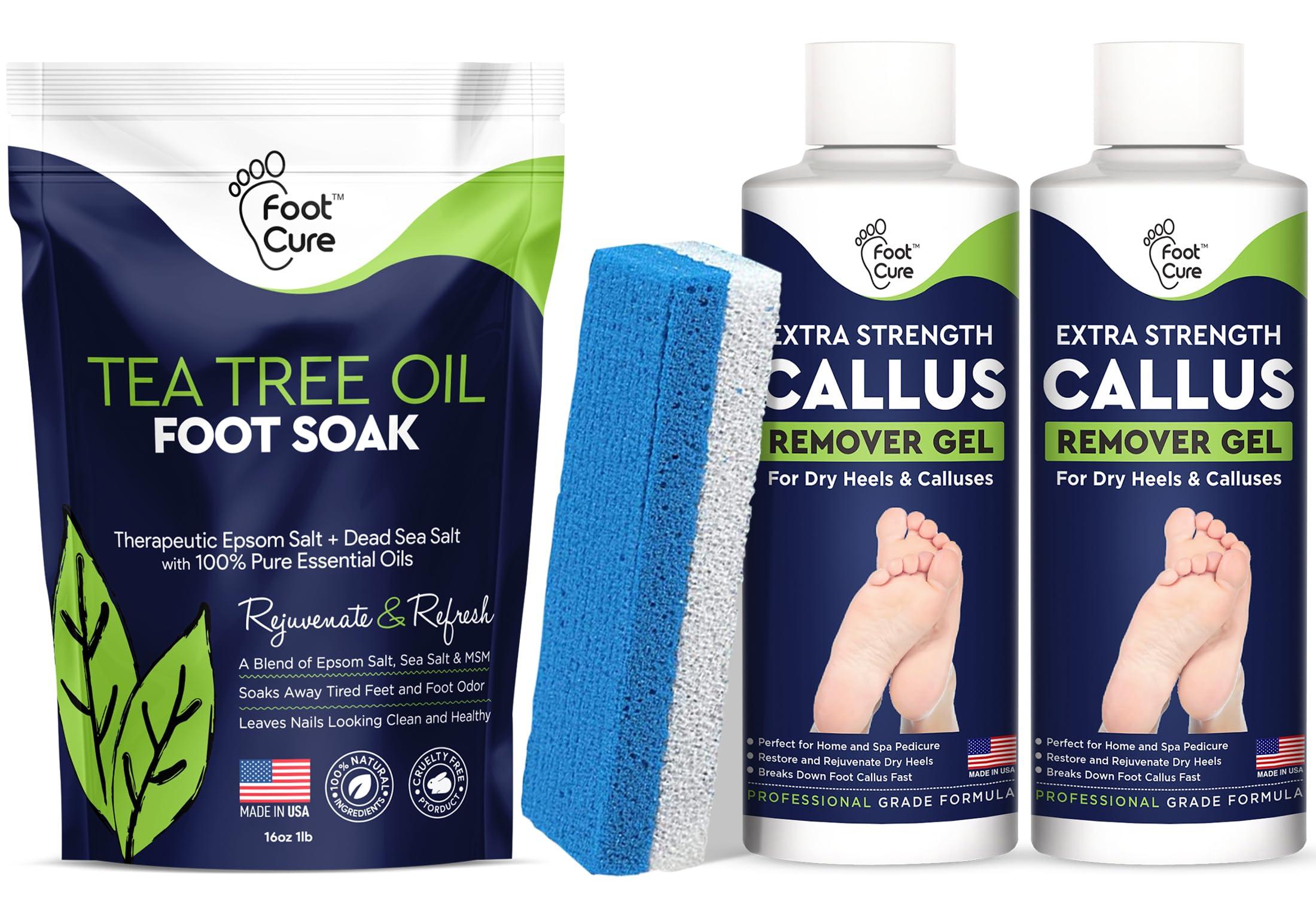 FOOT CURE Tea Tree Oil Foot Soak with Epsom Salt Callus Remover for Feet with Extra Strength Gel & Foot Pumice Stone Set - Easy Way to Remove Hard Calluses & Dead Skin Build-Up - Professional at-Home Foot Care
