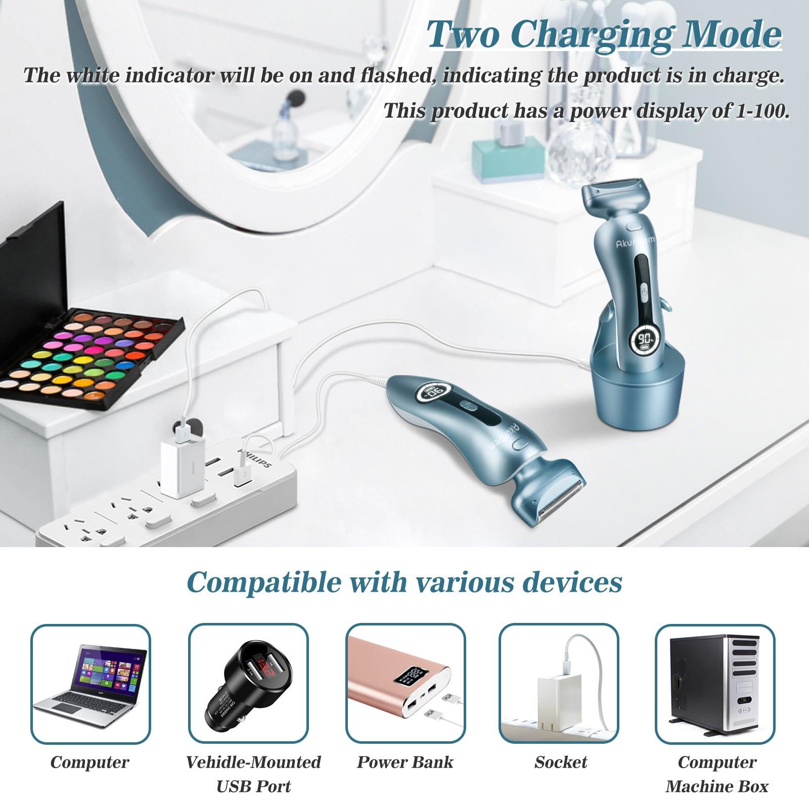 Akunbem Akunbem Electric Razors for Women for Legs Bikini Trimmer Electric Shaver for Women Underarm Public Hairs Rechargeable Womens Shaver Wet Dry Use Painless Cordless with Detachable Head (Blue)